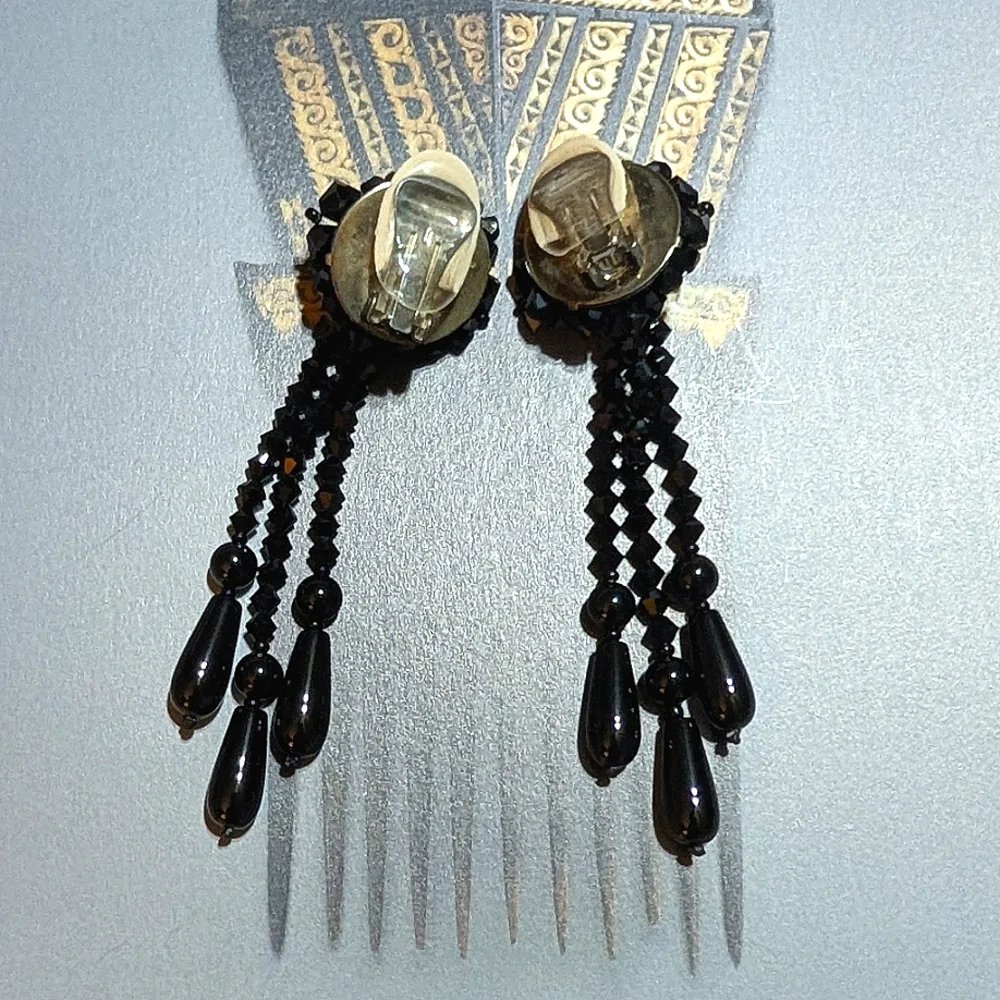 VTG French Jet Shoulder Brusher Earrings 3.5" !!! - Picture 6 of 7